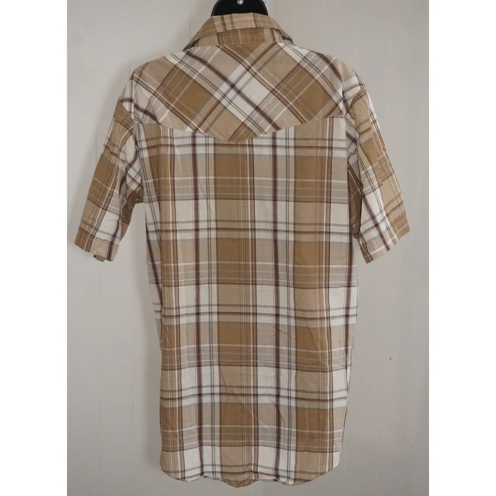 Plains Medium Tan Plaid Short Sleeve Western Pearl Snap Shirt